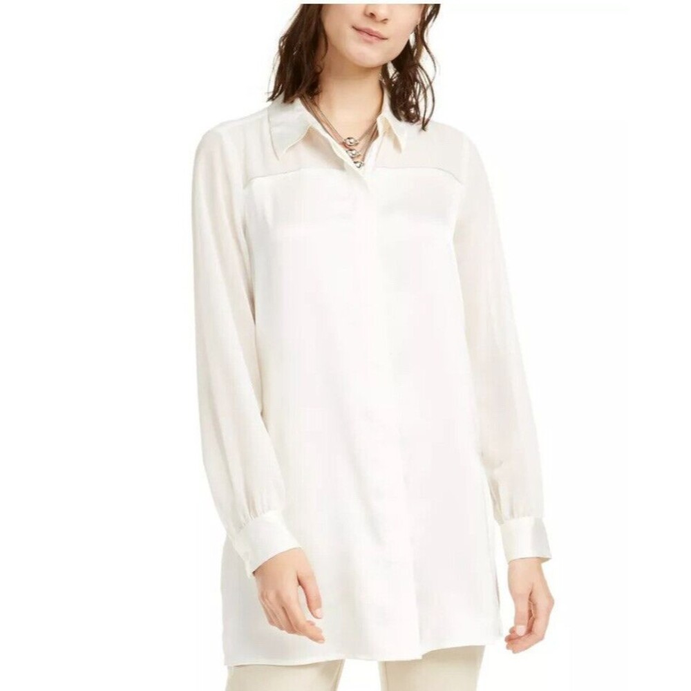 Alfani Tunic Button Up Shirt White Plus Size 0X Long Sleeves Satin
